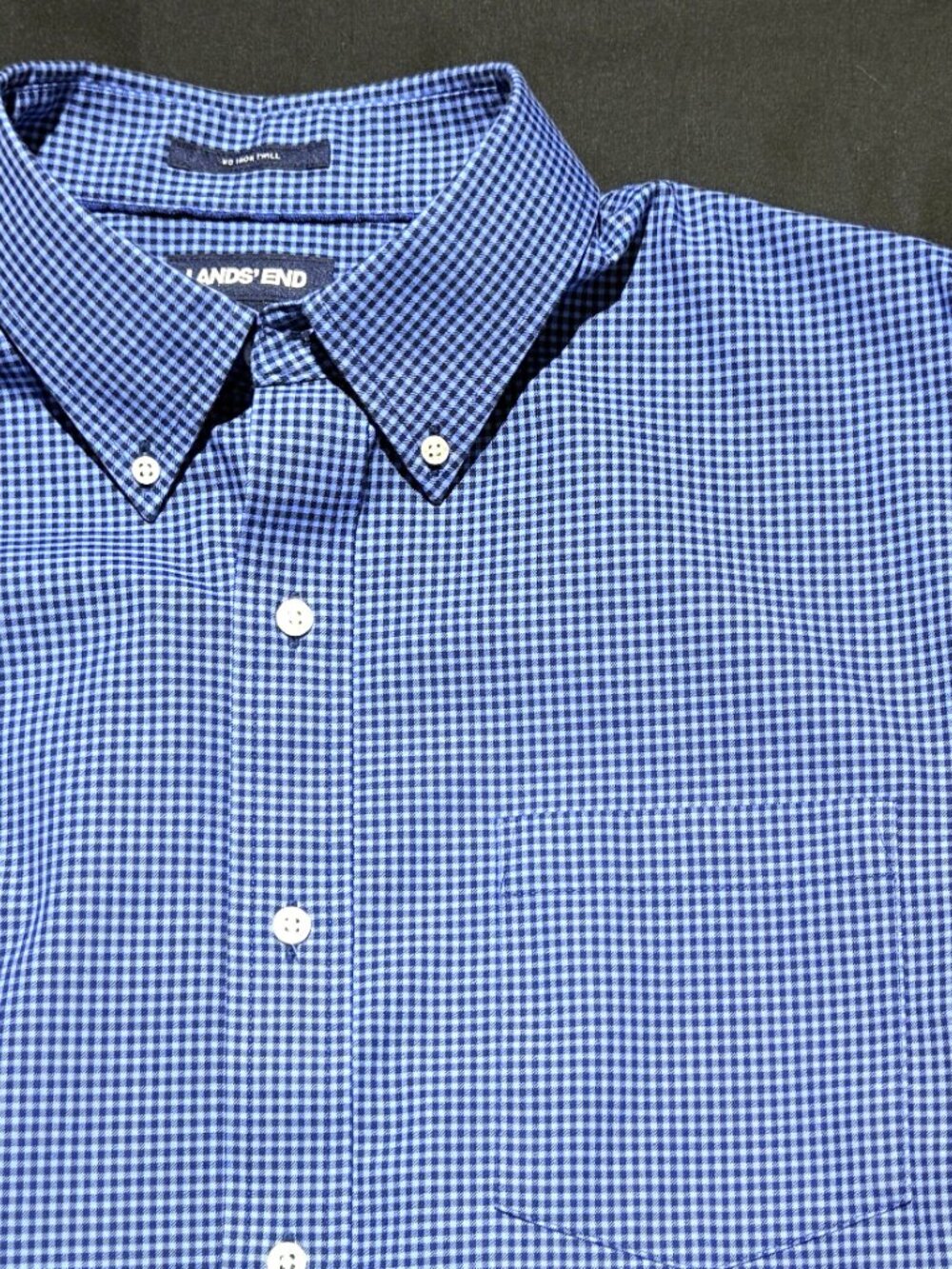 Lands End Mens Shirt Large 16-16.5 Blue Check No-Iron 100% Cotton